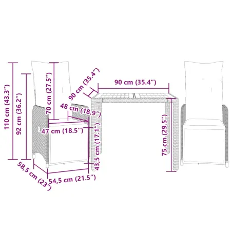 Ensemble de bistro de jardin 3 pcs coussins noir poly rotin