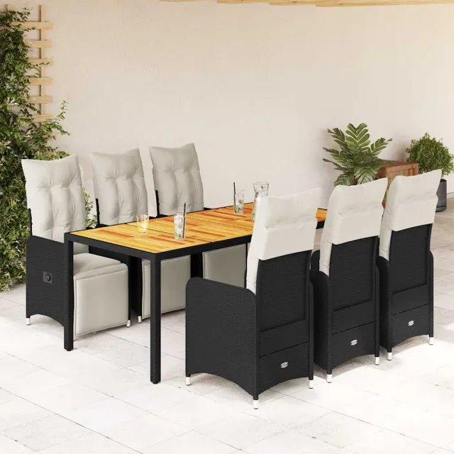 Ensemble de bistro de jardin 7 pcs coussins noir poly rotin