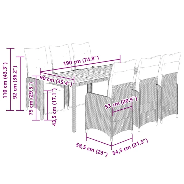 Ensemble de bistro de jardin 7 pcs coussins noir poly rotin