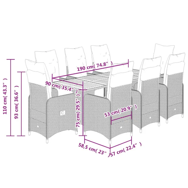 Ensemble de bistro de jardin 9 pcs coussins noir poly rotin