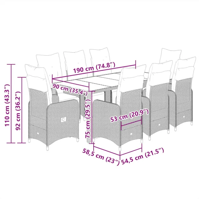 Ensemble de bistro de jardin 9 pcs coussins noir poly rotin