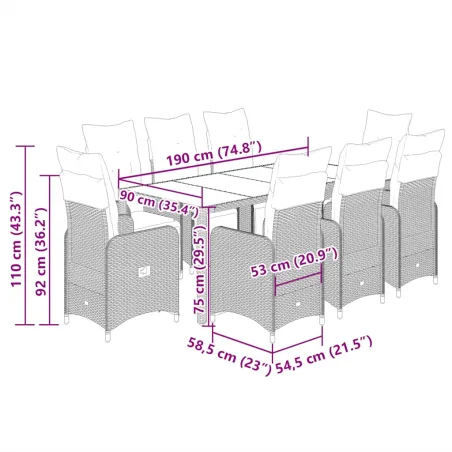 Ensemble de bistro de jardin 9 pcs coussins noir poly rotin