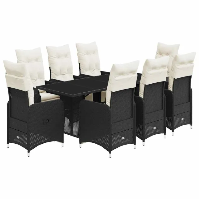 Ensemble de bistro de jardin 9 pcs coussins noir poly rotin