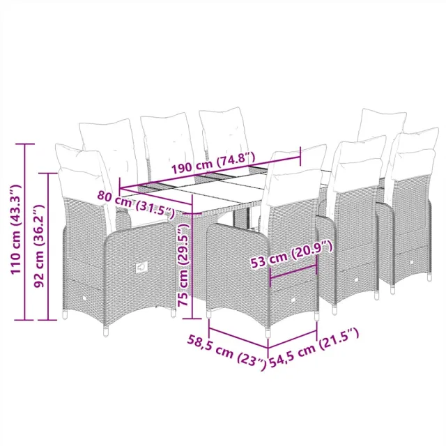 Ensemble de bistro de jardin 9 pcs coussins noir poly rotin