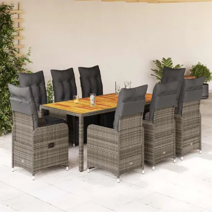 Ensemble de bistro de jardin 9 pcs coussins gris poly rotin