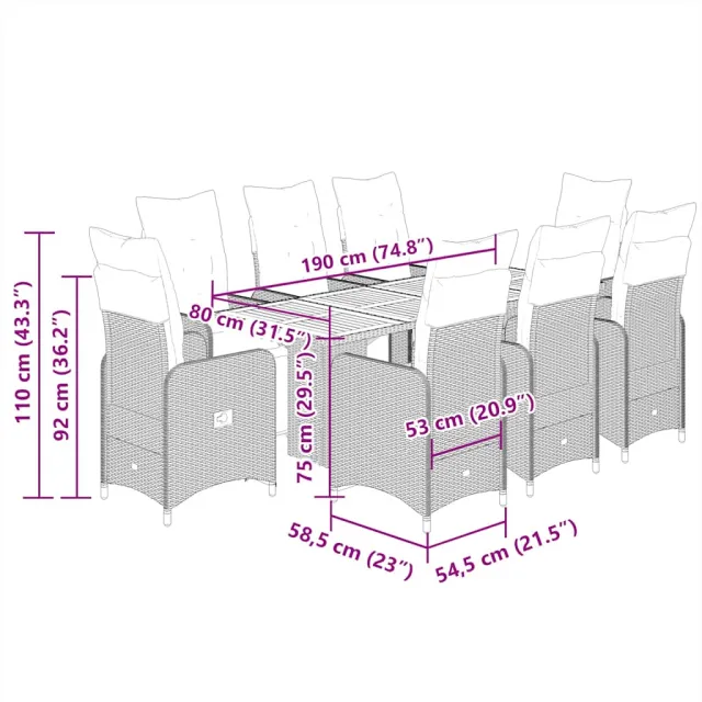 Ensemble de bistro de jardin 9 pcs coussins gris poly rotin