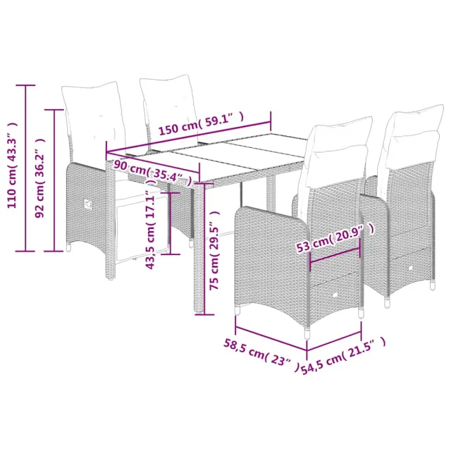 Ensemble de bistro de jardin 5 pcs coussins gris poly rotin