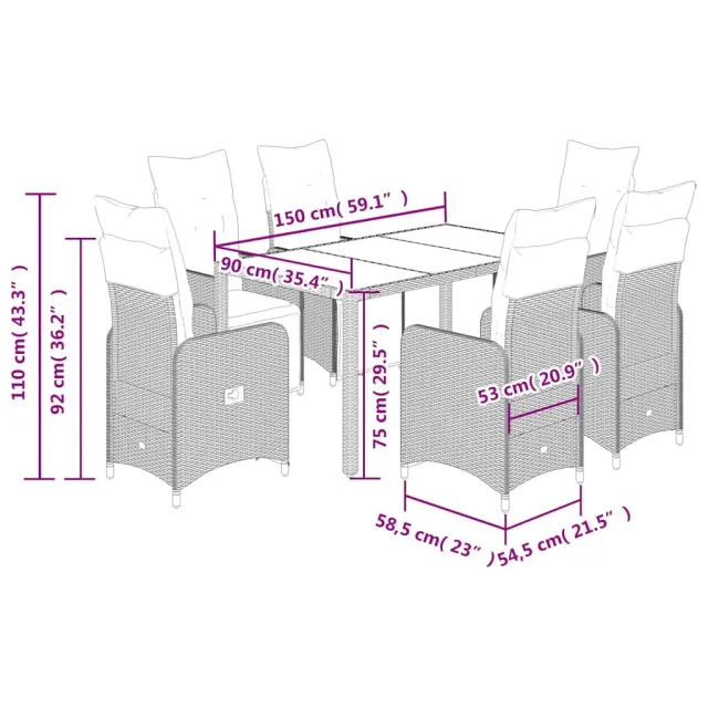 Ensemble de bistro de jardin 7 pcs coussins gris poly rotin