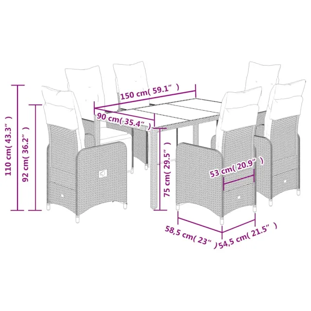 Ensemble de bistro de jardin 7 pcs coussins marron poly rotin