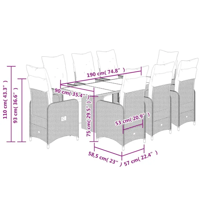 Ensemble de bistro de jardin 9 pcs coussins marron poly rotin