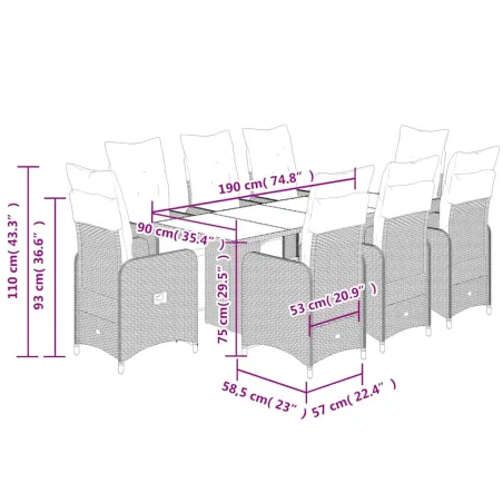 Ensemble de bistro de jardin 9 pcs coussins marron poly rotin