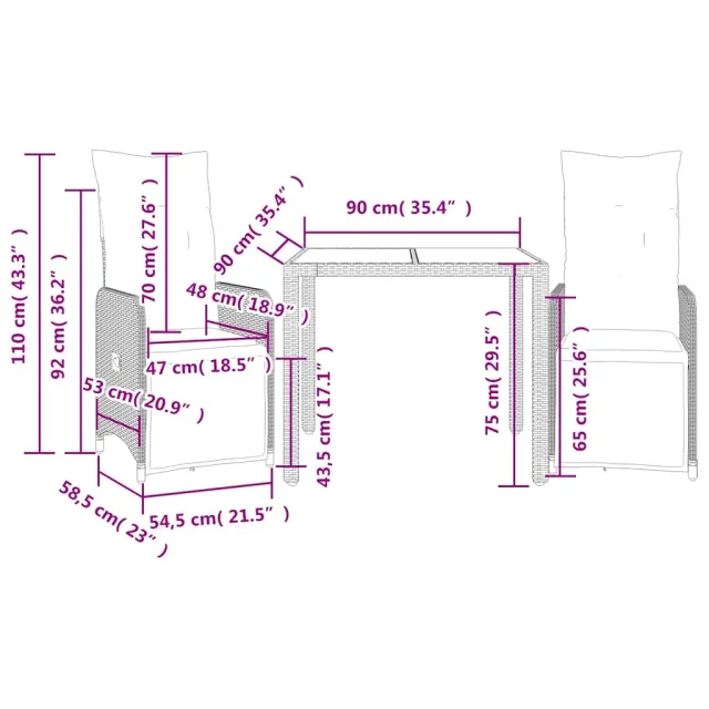 Ensemble de bistro de jardin 3 pcs coussins marron poly rotin