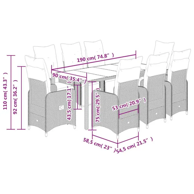 Ensemble de bistro de jardin 9 pcs coussins marron poly rotin