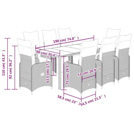 Ensemble de bistro de jardin 9 pcs coussins marron poly rotin