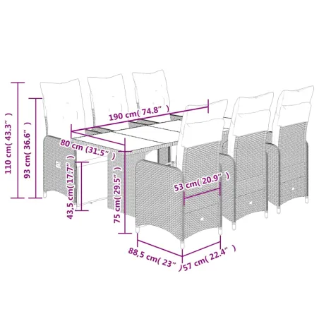 Ensemble de bistro de jardin 7 pcs coussins marron poly rotin