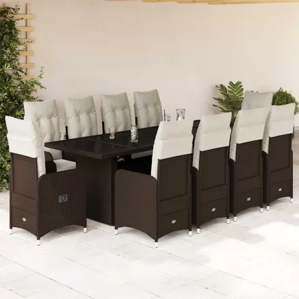 Ensemble de bistro de jardin 11 pcs coussins marron poly rotin