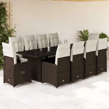 Ensemble de bistro de jardin 11 pcs coussins marron poly rotin