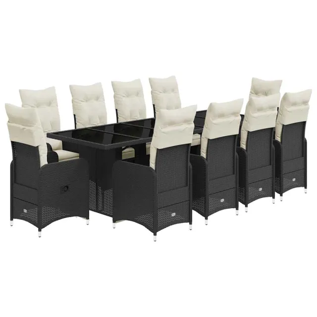 Ensemble de bistro de jardin 11 pcs coussins noir poly rotin