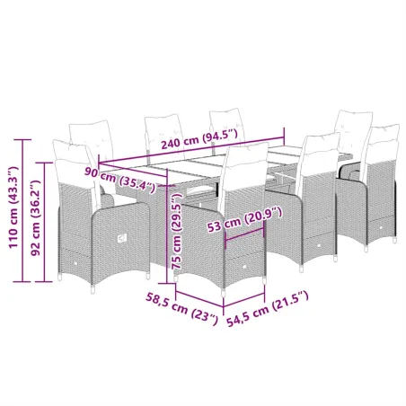 Ensemble de bistro de jardin 9 pcs coussins beige poly rotin