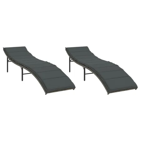 Chaises longues lot de 2 avec coussins gris résine tressée
