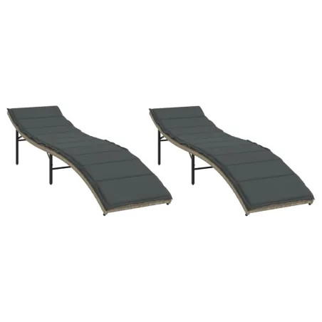 Chaises longues lot de 2 et coussins gris clair résine tressée