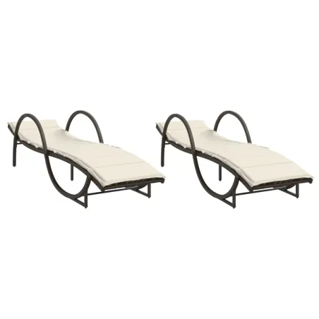 Chaises longues lot de 2 avec coussins marron résine tressée