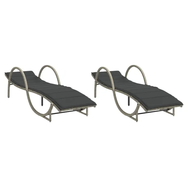Chaises longues lot de 2 et coussins gris clair résine tressée