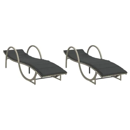 Chaises longues lot de 2 et coussins gris clair résine tressée