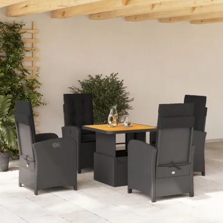 Ensemble à manger de jardin coussins 5pcs Noir Résine tressée