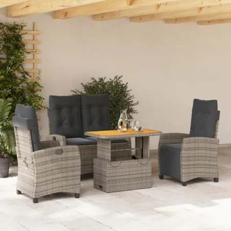 Ensemble à manger jardin 4pcs et coussins Gris Résine tressée