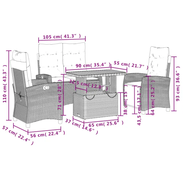 Ensemble à manger jardin 4pcs et coussins Gris Résine tressée
