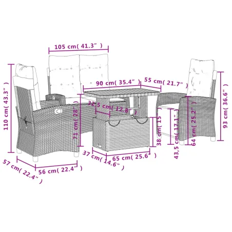 Ensemble à manger jardin 4pcs et coussins Gris Résine tressée