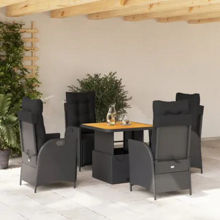 Ensemble à manger de jardin coussins 5pcs Noir Résine tressée