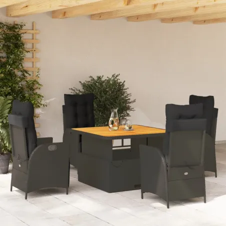 Ensemble à manger de jardin coussins 5pcs Noir Résine tressée