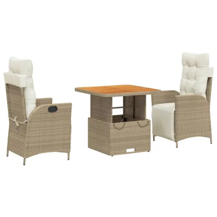 Ensemble à manger de jardin et coussins 3 pcs Beige poly rotin 2