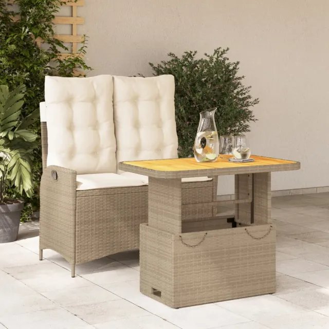 Ensemble à manger de jardin et coussins 2 pcs beige poly rotin