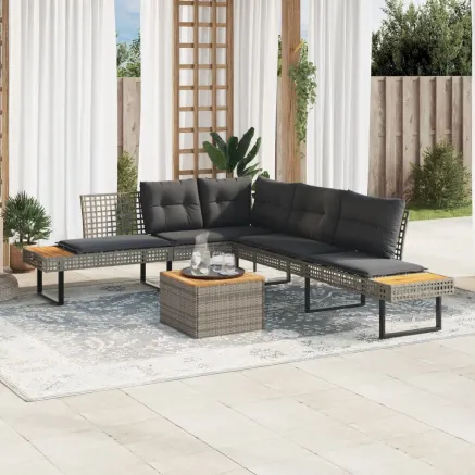 Salon de jardin avec coussins 5 pcs gris résine tressée acacia 2