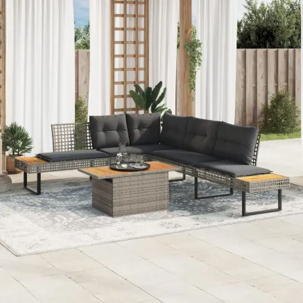 Salon de jardin avec coussins 5 pcs gris résine tressée acacia 2
