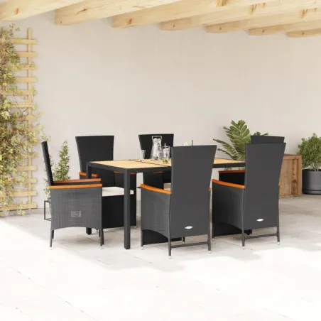Ensemble à manger de jardin coussins 7pcs Noir Résine tressée