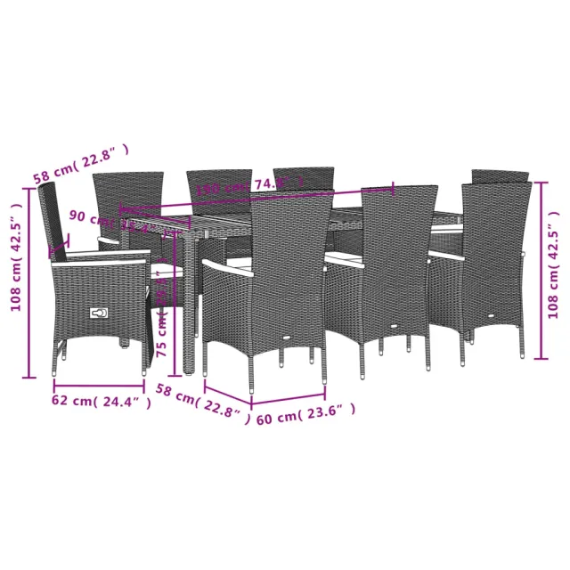 Ensemble à manger de jardin coussins 7pcs Noir Résine tressée