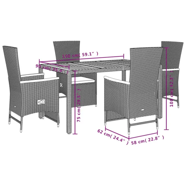 Ensemble à manger de jardin coussins 5pcs Noir Résine tressée