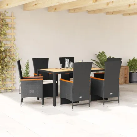 Ensemble à manger de jardin coussins 7pcs Noir Résine tressée