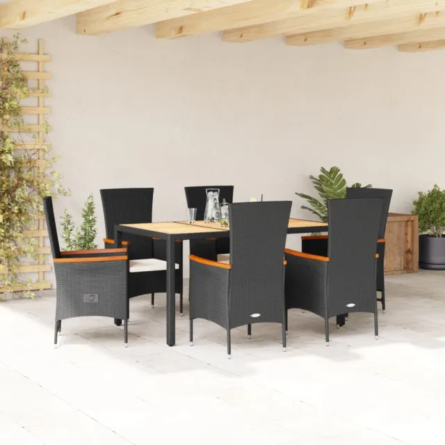 Ensemble à manger de jardin coussins 7pcs Noir Résine tressée