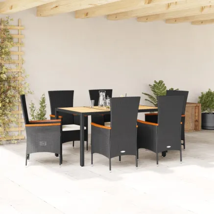 Ensemble à manger de jardin coussins 7pcs Noir Résine tressée