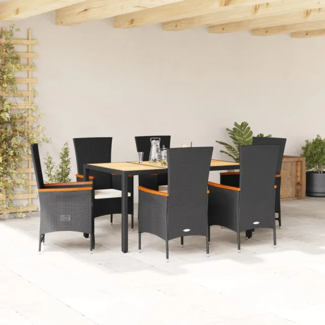 Ensemble à manger de jardin coussins 7pcs Noir Résine tressée