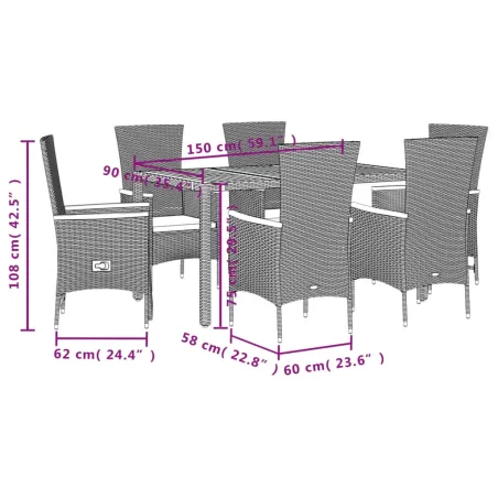 Ensemble à manger de jardin coussins 7pcs Noir Résine tressée