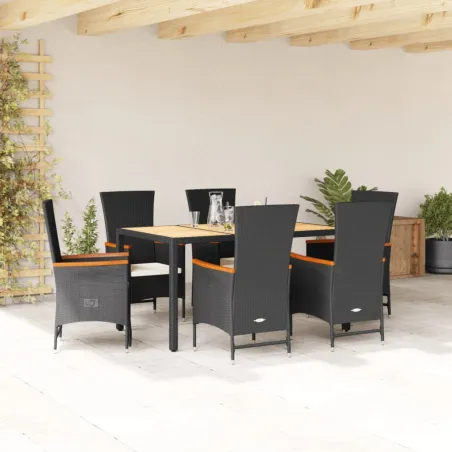 Ensemble à manger de jardin coussins 7pcs Noir Résine tressée