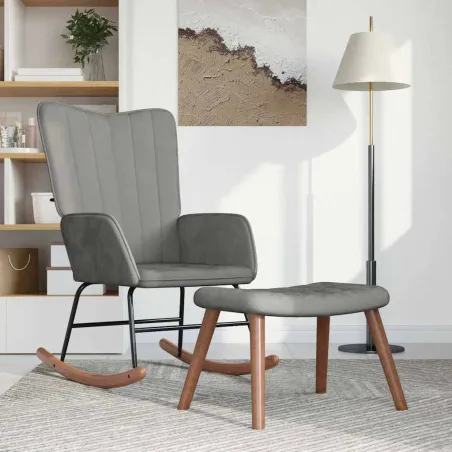 Chaise à bascule avec repose-pied Gris clair Velours