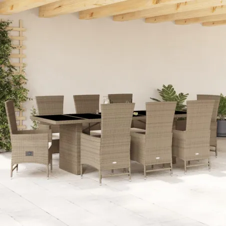 Ensemble à manger de jardin et coussins 9 pcs beige Poly rotin