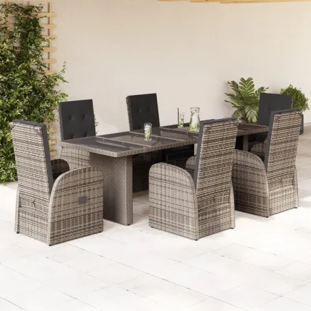 Ensemble à manger de jardin et coussins 7 pcs gris rotin